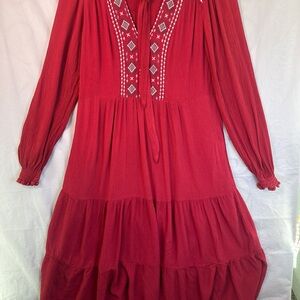 Knox Rose Red Boho Embroidered Tiered Peasant Midi Dress Long Sleeve Cowgirl  M